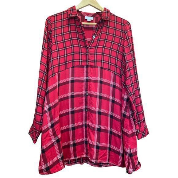 J.Jill Red & Black Tartan Plaid A-Line Tunic Long Button Down Collared Shirt XS - Picture 12 of 17
